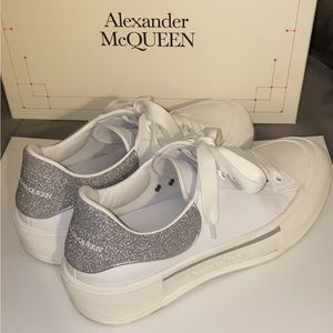 ALEXANDER MCQUEEN Oversized Plimsoll Sneakers White Leather Silver Glitter Mesh